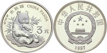 Китай 3 юаня 1997 панда KM 1035 серебро PROOF 1072-9-34