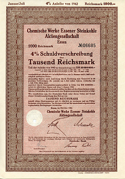 Германия 1000 рейхсмарок 1942 АО Химические заводы Эссенского каменного угля, 4 % долговое обязательство   бумага   8804-126-1