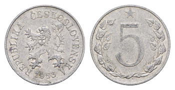 Чехословакия 5 геллеров 1953 KM 37 алюминий 4396-437