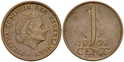 Нидерланды 1 цент 1959 Юлиана (1949-1980) KM 180 бронза    4598-214