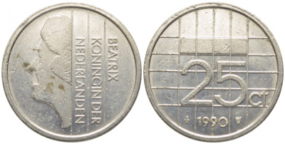 НИДЕРЛАНДЫ 25 ЦЕНТОВ 1990 БЕАТРИКС KM 204 никель 112-327