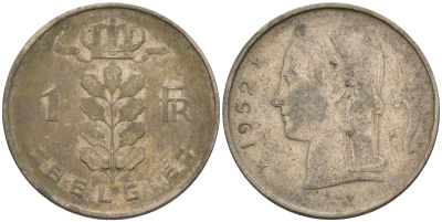 Бельгия 1 франк 1952 Belgie, Бодуэн I (1951-1993) KM 143.1 медно-никель    4592-1146
