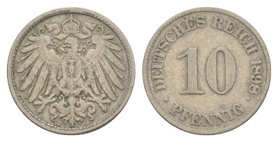 Германия 10 пфеннигов 1898 J, Вильгельм II (1888-1918) KM 12, J. 13 медно-никель 4644-1148