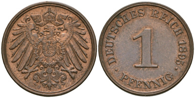 Германия 1 пфенниг 1895 J, Вильгельм II (1888-1918) KM 10, J. 10 медь 4608-623