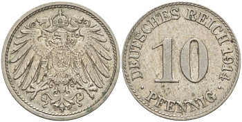 Германия 10 пфеннигов 1914 D KM 12, Jager 13, Weege 8 медно-никель 219-241
