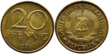 ГДР 20 пфеннигов 1969 А, первый год KM 11 латунь UNC 4395-251