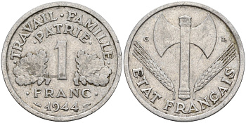 Франция 1 франк 1944 C, тип Lourde, правительство Виши KM 902.1 алюминий 4142-944