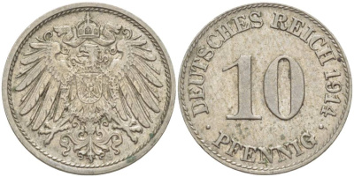 Германия 10 пфеннигов 1914 D KM 12, Jager 13, Weege 8 медно-никель 219-241