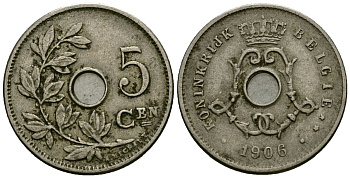 Бельгия 5 сантимов 1906 Belgie, Леопольд II (1865-1909) KM 55 медно-никель 4173-145