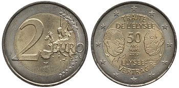 Франция 2 евро 2013 50 лет подписания "Елисейского договора" KM 2094 биметалл UNC 110-1045