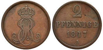 Ганновер 2 пфеннига 1847 A, Эрнст Август (1837-1851) KM 202.2, AKS 125, J. 75 медь 75-1914