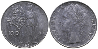 ИТАЛИЯ 100 ЛИР 1969 R, АФИНА KM 96.1 сталь 3334-123