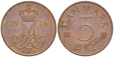Дания 5 эре 1976 S; B, Маргрете II (1972- ) KM 859.1 железо плакированное медью 201-1165