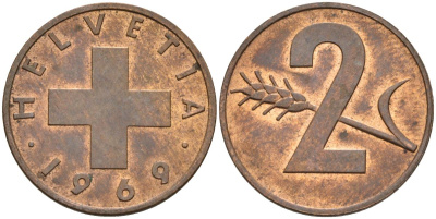 Швейцария 2 раппена 1969 KM 47 бронза 4571-1013