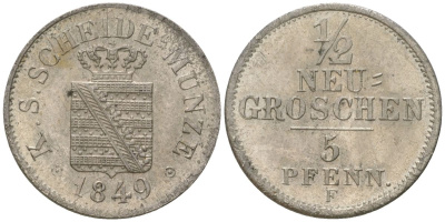 Саксония 1/2 новых гроша = 5 пфеннигов 1849 G, Фридрих Август II (1836-1854) KM 1158 серебро aUNC 4547-232