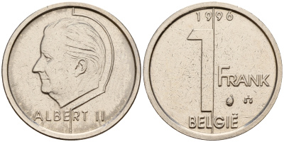 Бельгия 1 франк 1996 Belgie, Альберт II (1993-2013) KM 188 железо плакированное никелем    4598-118