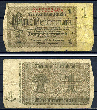 Германия 1 рентенмарка 1937 Pick 173 b бумага 8621-40-2-2