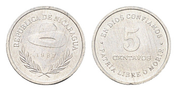 Никарагуа 5 сентаво 1987 год-тип KM 55 алюминий UNC 4668-825