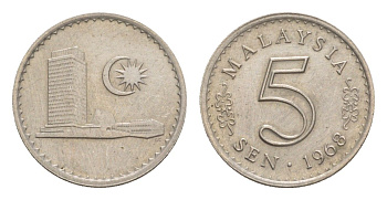 Малайзия 5 сенов 1968 KM 2 медно-никель UNC 4643-724
