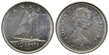 КАНАДА 10 ЦЕНТОВ 1980 ПАРУСНИК, ЕЛИЗАВЕТА II KM 77.2 никель 179-1063