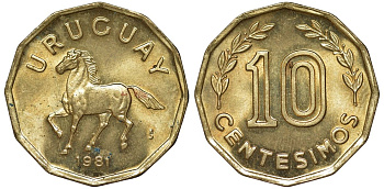 Уругвай 10 сентесимо 1981 KM 66 алюминиевая бронза 4169-533