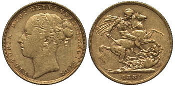 Великобритания соверен 1884 Виктория (1837-1901) Seaby 3856, KM 752, Friedberg 388 золото 00-000-00