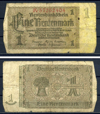 Германия 1 рентенмарка 1937 Pick 173 b бумага 8621-40-2-2