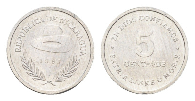 Никарагуа 5 сентаво 1987 год-тип KM 55 алюминий UNC 4668-825