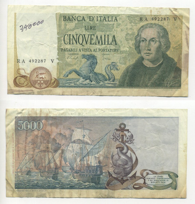 Италия 5000 лир 1977 Кристофор Колумб Pick 102с бумага 6294-44-2