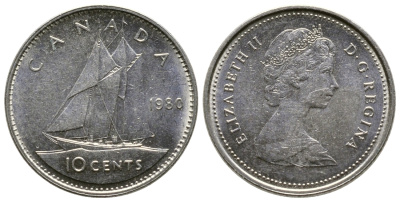 КАНАДА 10 ЦЕНТОВ 1980 ПАРУСНИК, ЕЛИЗАВЕТА II KM 77.2 никель 179-1063
