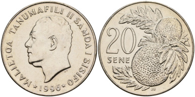 Самоа 20 сене 1996 Малиетоа Танумафили II KM 16 медно-никель UNC 4120-325