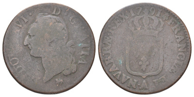 Франция 1 соль 1791 Людовик XVI (1774-1792) KM 578 медь 109-744
