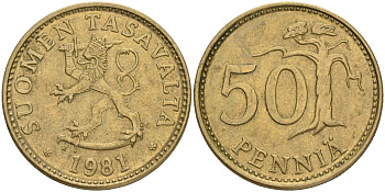 ФИНЛЯНДИЯ 50 ПЕННИ 1981 K KM 48 алюминиевая бронза 4556-217