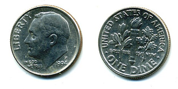 США 10 ЦЕНТОВ = 1 ДАЙМ 1994 P, РУЗВЕЛЬТ KM 195а медь плакированная медно-никелем 46-2528