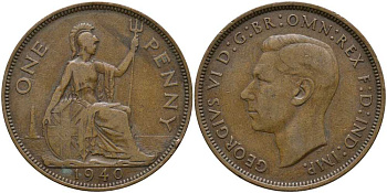 Великобритания 1 пенни 1940 Георг VI (1936-1952) КМ 845, Spink 4114 бронза 115-413