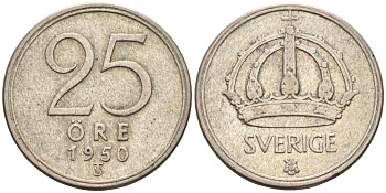Швеция 25 эре 1950 TS, Густав V (1907-1950) KM 816 серебро 4147-1021