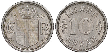 Исландия 10 эйре 1936 N-GJ, Кристиан X (1912-1944) KM 1.1 медно-никель 4596-848