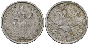 Французская Новая Каледония 1 франк 1977 птица кагу, (IEOM) KM 10, Schoen 10, Lec 40 алюминий    51-1111