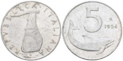 ИТАЛИЯ 5 ЛИР 1954 R, РУЛЬ, ДЕЛЬФИН KM 92 алюминий 95-1233