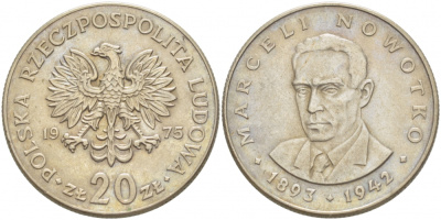Польша 20 злотых 1975 Марцелий Новотко, монетный двор Кремница KM 69, Parchimowicz 246b медно-никель 4403-913