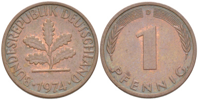ФРГ 1 ПФЕННИГ 1974 D KM 105, J. 380 сталь плакированная медью 4181-614