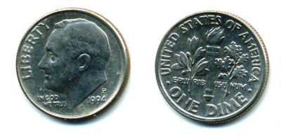 США 10 ЦЕНТОВ = 1 ДАЙМ 1994 P, РУЗВЕЛЬТ KM 195а медь плакированная медно-никелем 46-2528
