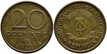 ГДР 20 пфеннигов 1969 А, первый год KM 11 латунь UNC 4398-111