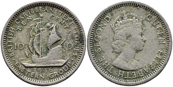 Британские Восточно-Карибские территории 10 центов 1956 Елизавета II (1952-2022), парусник KM 5 медно-никель 4392-1126