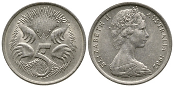 АВСТРАЛИЯ 5 ЦЕНТОВ 1982 ЕЛИЗАВЕТА II, МОЛОДОЙ ПОРТРЕТ, ЕХИДНА KM 64 медно-никель 84-441