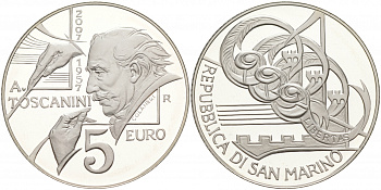 Сан-Марино 5 евро 2007 дирижер Артуро Тосканини, в оригинальной коробке, с сертификатом KM 474 серебро PROOF 4-5-1-17