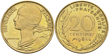 Франция 20 сантимов 1964 тип Marianne KM 930 медь алюминий никель    4595-1041