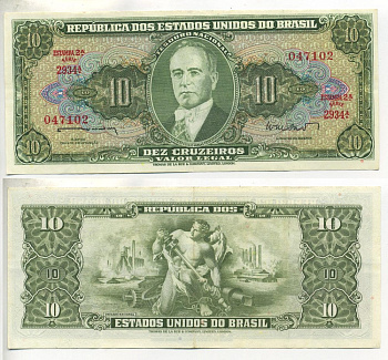 БРАЗИЛИЯ 10 КРУЗЕЙРО 1962 ПОДПИСЬ 10 Pick 177a бумага 3295-23-3