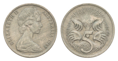 Австралия 5 центов 1968 Елизавета II (1952-2022) молодой портрет, ехидна KM 64 медно-никель 4655-1257