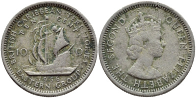 Британские Восточно-Карибские территории 10 центов 1956 Елизавета II (1952-2022), парусник KM 5 медно-никель 4392-1126